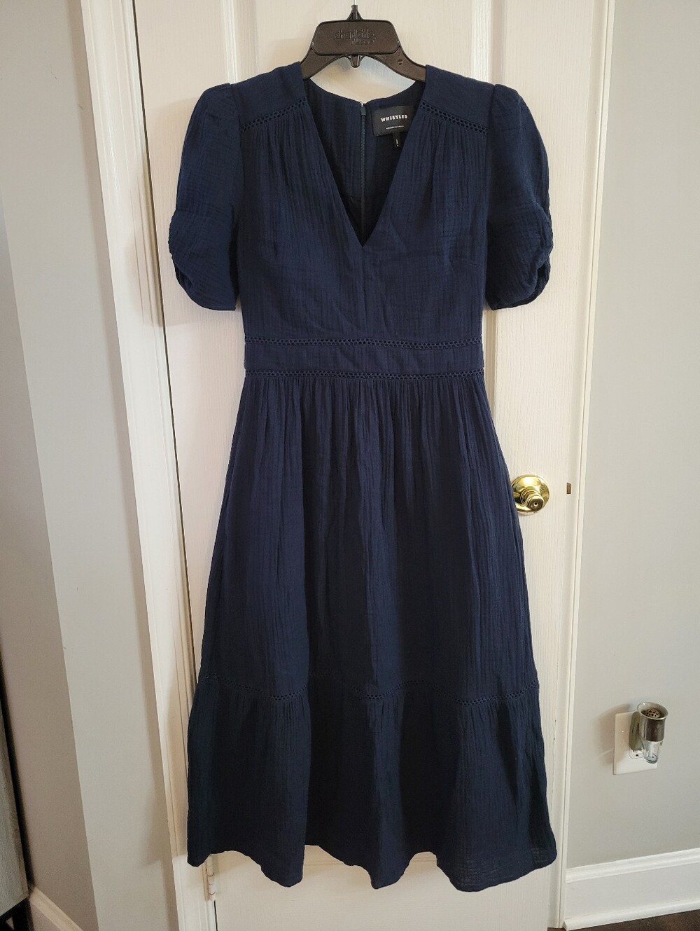 Whistles V-Neck Textured Puff Sleeve Midi Dress Navy Blue Size 4 Cheesecloth